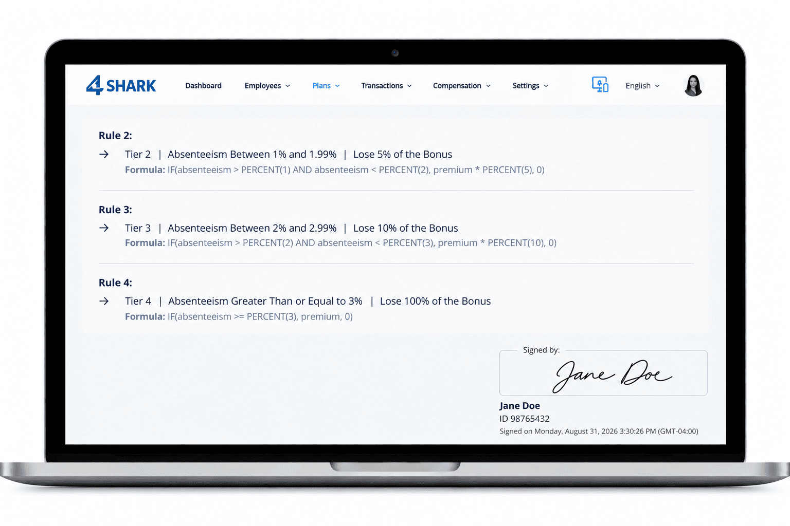 Rule acknowledgment screen with electronic signature on the 4Shark platform