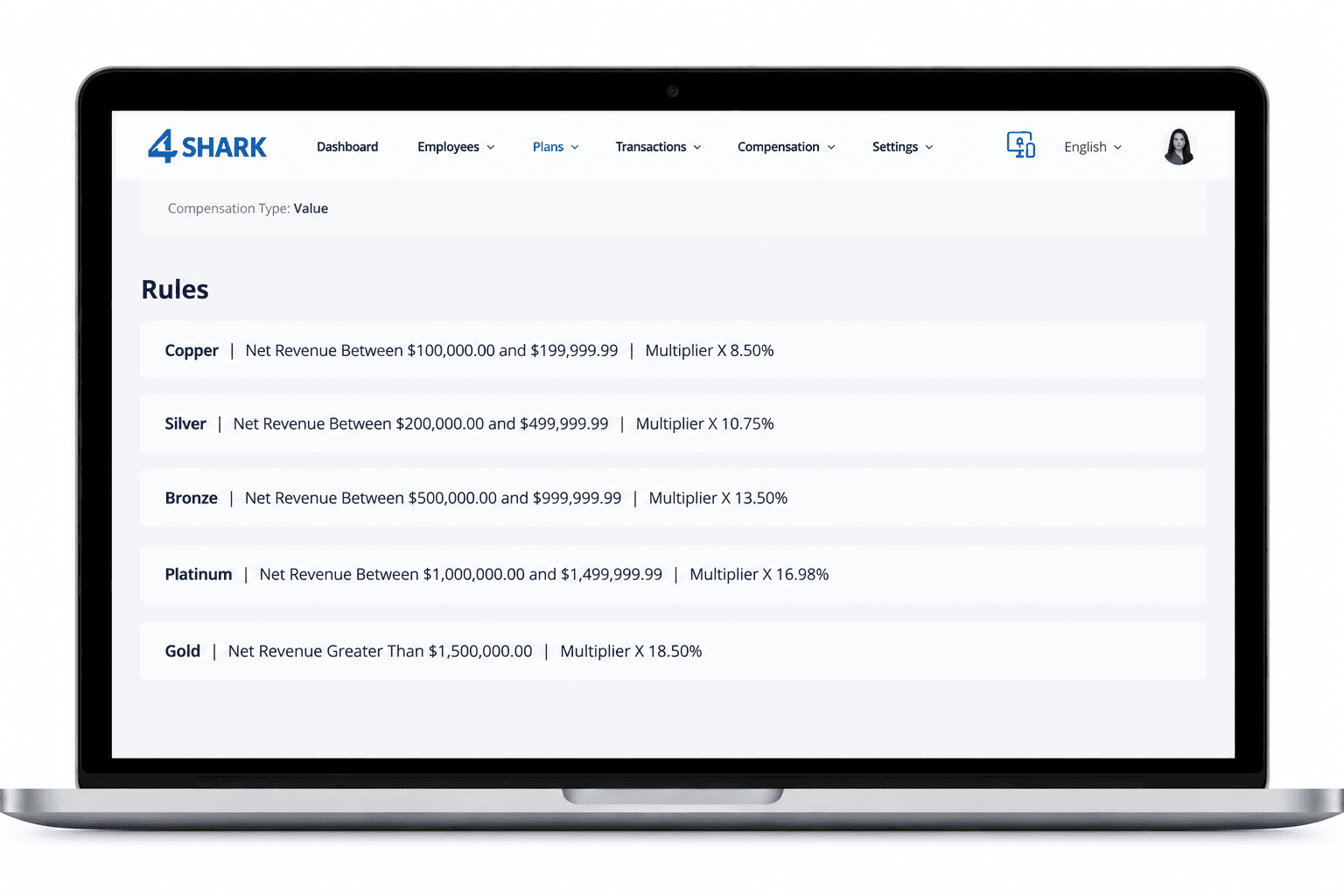 Compensation rule configuration screen with tiered criteria on the 4Shark platform
